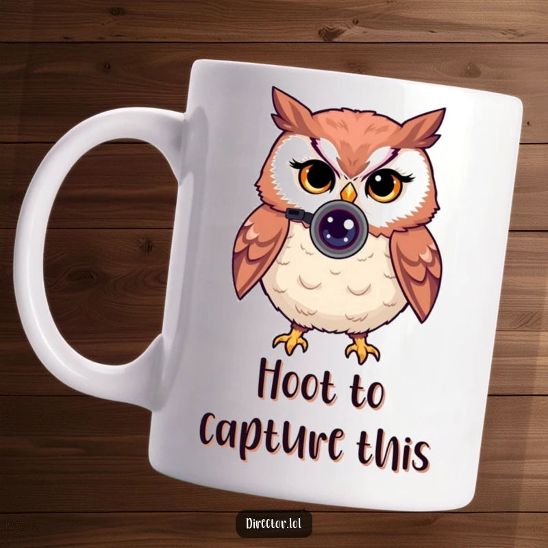 Funny mug featuring a proud owl peering through a tiny camera lens with a knowing wink, capturing the perfect shot.