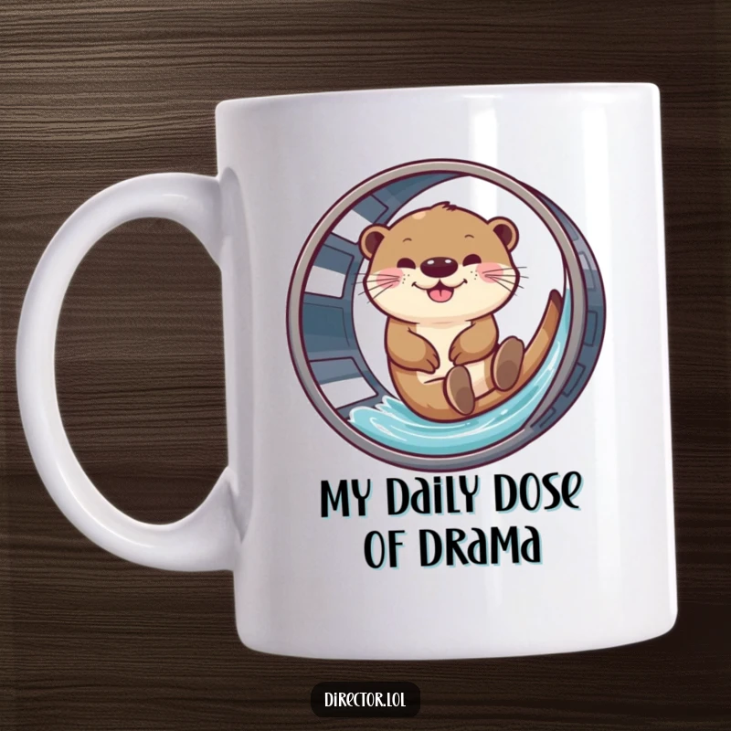 Funny mug with a happy otter sliding down a film reel, embodying pure joy and love for movies.