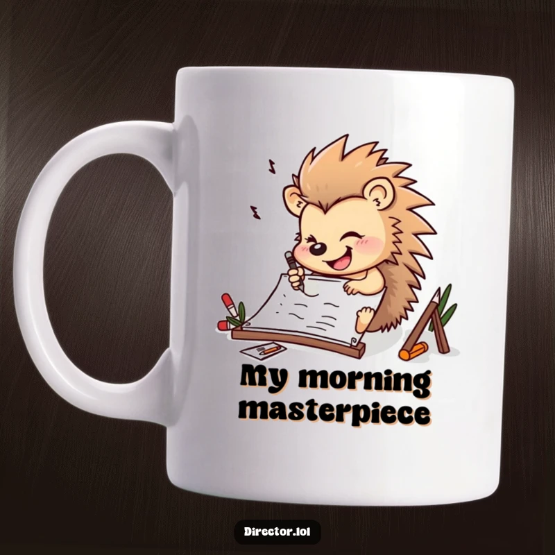 Funny determined hedgehog drawing furiously on a storyboard with a cheerful smile on this humorous coffee mug.