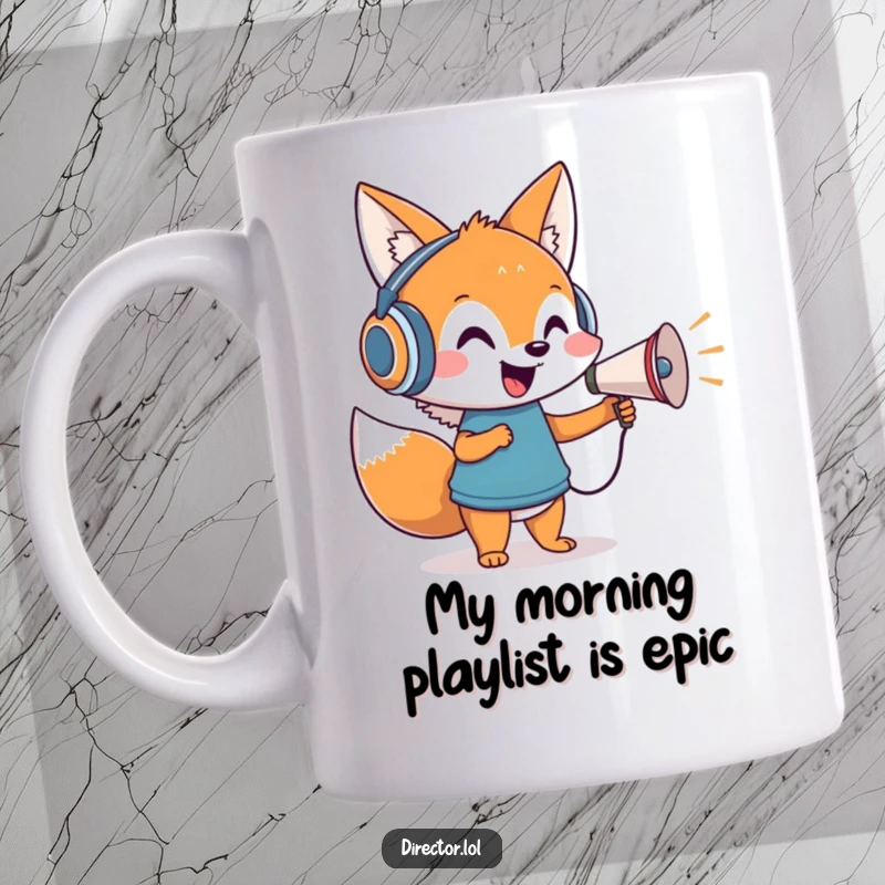 Funny mug with a cheerful cartoon fox in headphones directing with a megaphone, embodying theatrical energy.