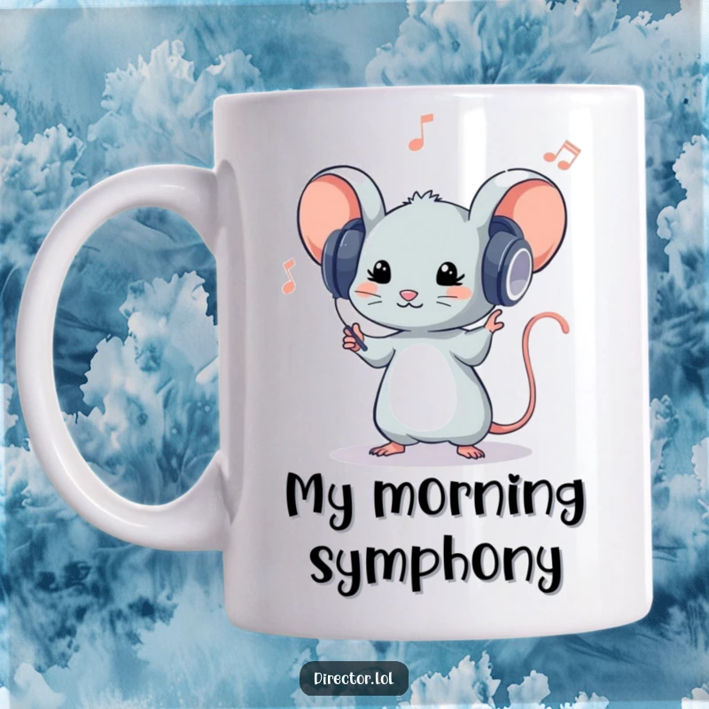 Funny mug featuring a tiny mouse in oversized headphones, energetically conducting an invisible orchestra with passion and musical flair.