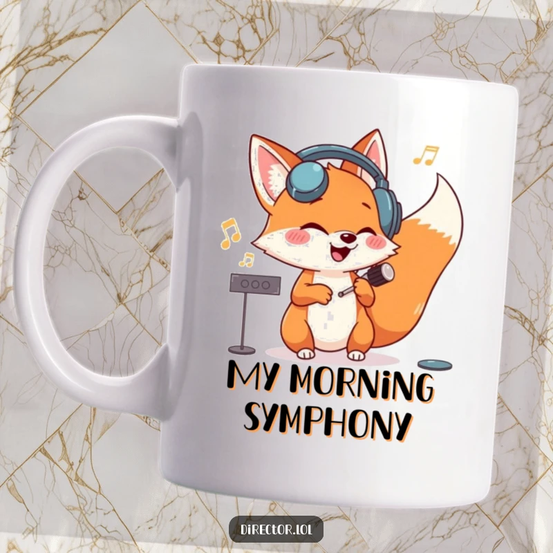 Funny giggling fox wearing large headphones, enthusiastically conducting an invisible orchestra with pure joy on this humorous mug.