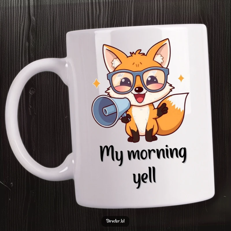 Funny director fox in oversized glasses enthusiastically waving a megaphone, conveying energetic movie production and a humorous personality.