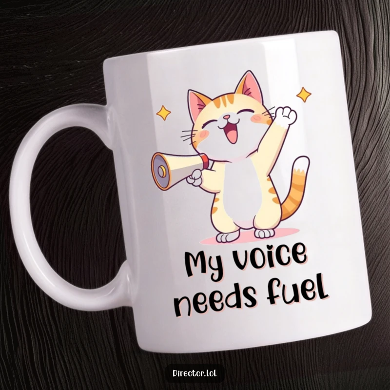 Funny Kawaii Cat Mug: A cat with paws in the air energetically shouts into a megaphone, looking ecstatic and ready to party.
