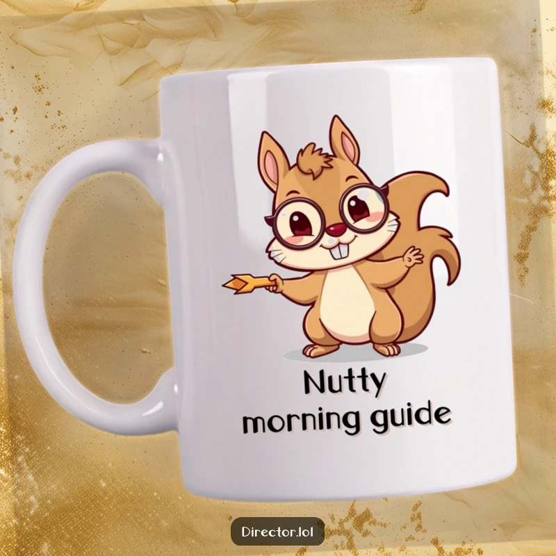 Funny squirrel mug showing a mischievous squirrel wearing a monocle, enthusiastically pointing with a tiny arrow.