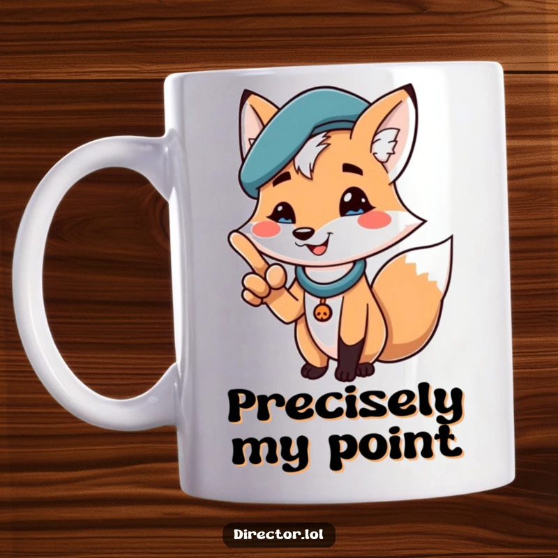 Funny mug with a cheerful fox in a beret dramatically pointing, smiling proudly, a bold statement gift for confident personalities.