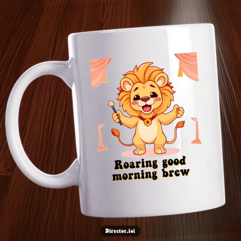 Funny mug showing a proud lion conducting a scene with grand flourish, exuding authority and regal confidence.