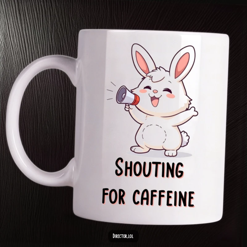 Funny Bunny Megaphone Mug: A fluffy bunny happily grins while gesturing wildly with a small megaphone.