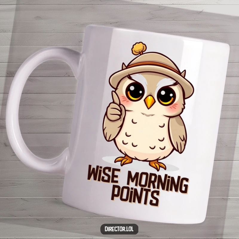 Funny mug showing a happy owl wearing a tiny hat, dramatically gesturing with a miniature pointer, as if lecturing.