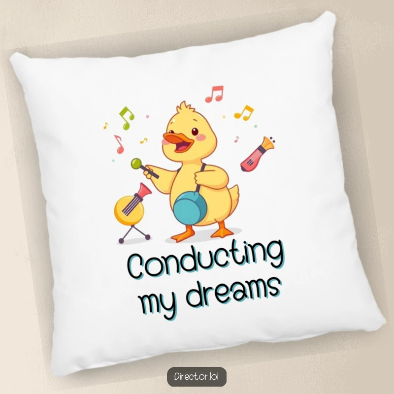 Funny Duckling Conductor Pillow: A cute duckling energetically conducts a symphony of toy instruments, creating a harmonious atmosphere.