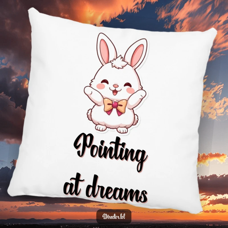 Funny pillow featuring a fluffy bunny in a tiny bowtie, pointing energetically, providing comfort and a touch of humor.