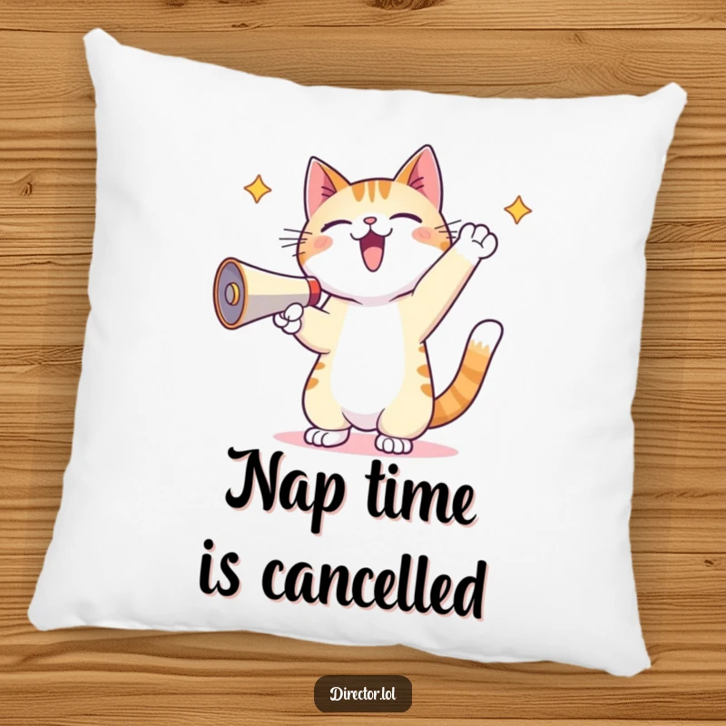 Funny Kawaii Cat Pillow: A soft pillow showcasing a kawaii cat energetically yelling through a megaphone with its paws in the air.