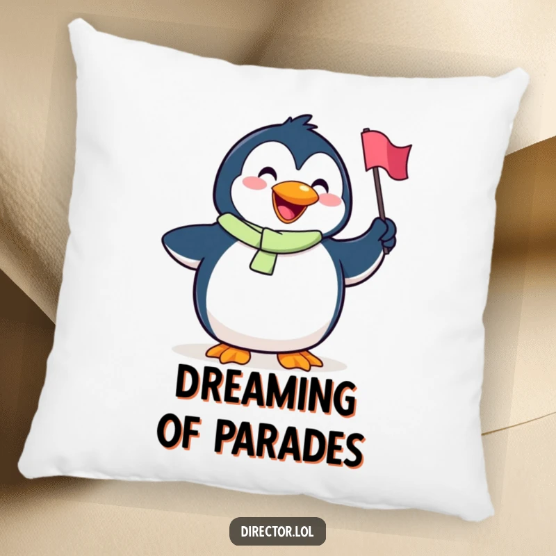 Funny Penguin Pillow: A soft pillow featuring a goofy penguin with a big smile joyfully waving a tiny flag.
