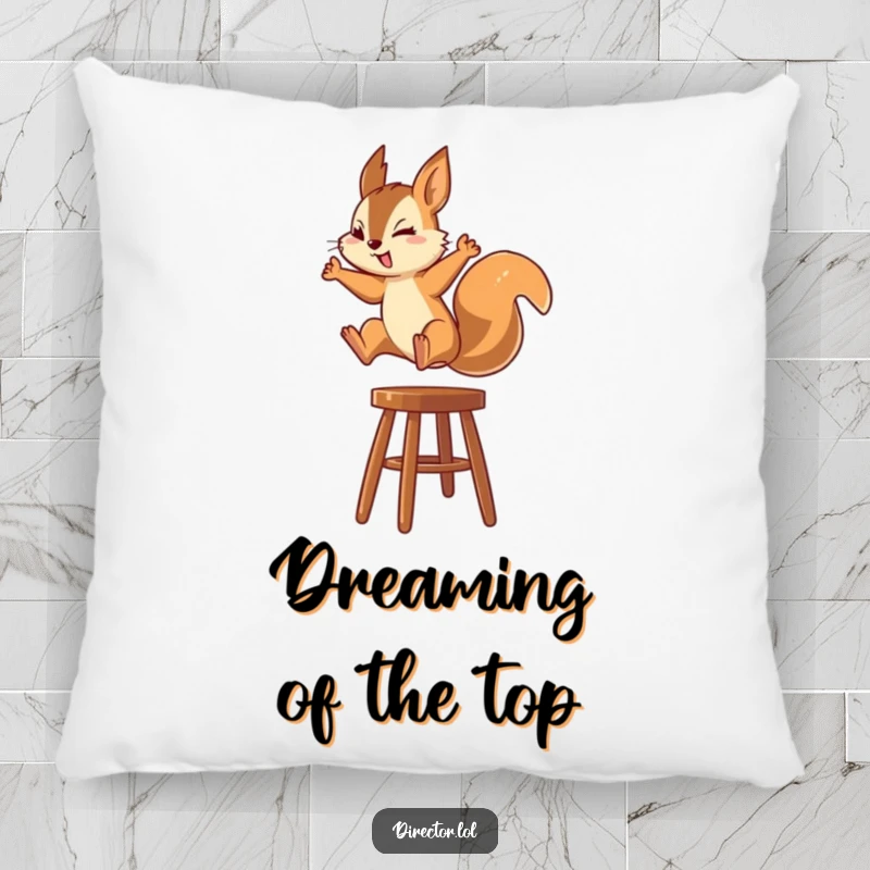 Funny Squirrel Pillow: A plush pillow featuring a squirrel's determined leap onto a high stool, embodying focus and achievement.