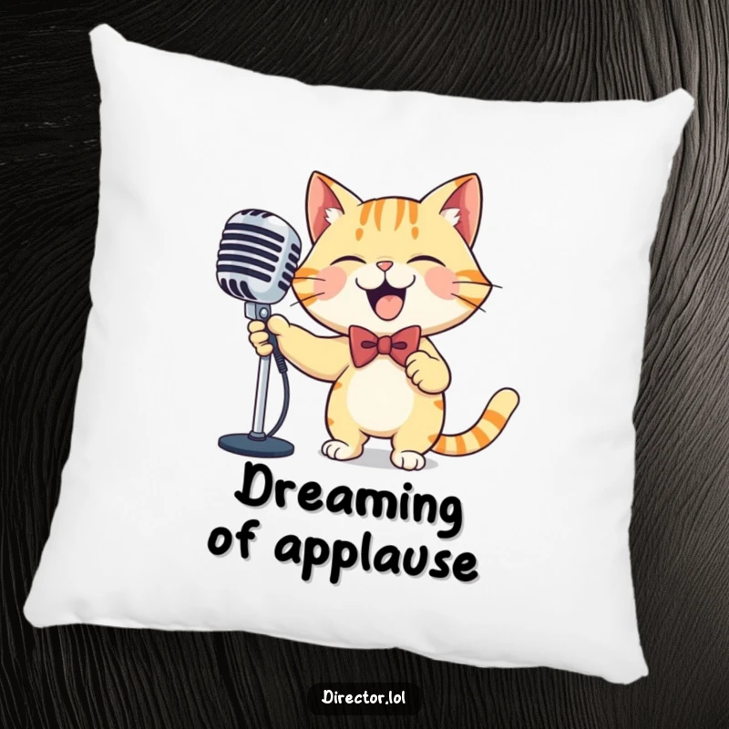 Funny cat microphone pillow, soft and plush, a giggling cat wearing a bowtie, joyfully sweeping a large ornate microphone, ready to belt it out.