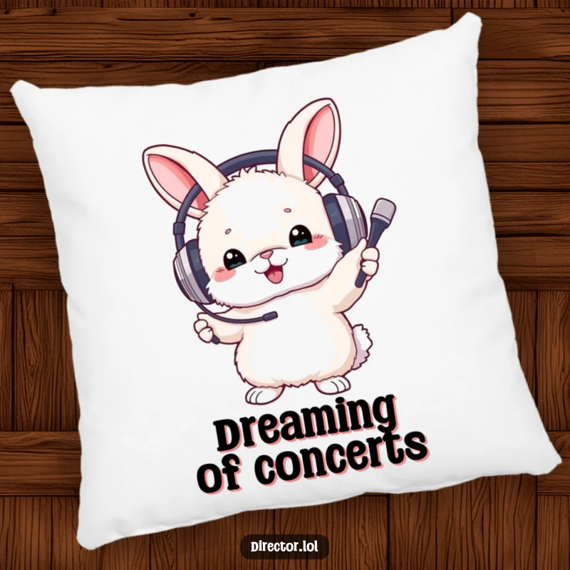 Funny Pillow with a fluffy bunny wearing large headphones, energetically waving a tiny baton to the beat.