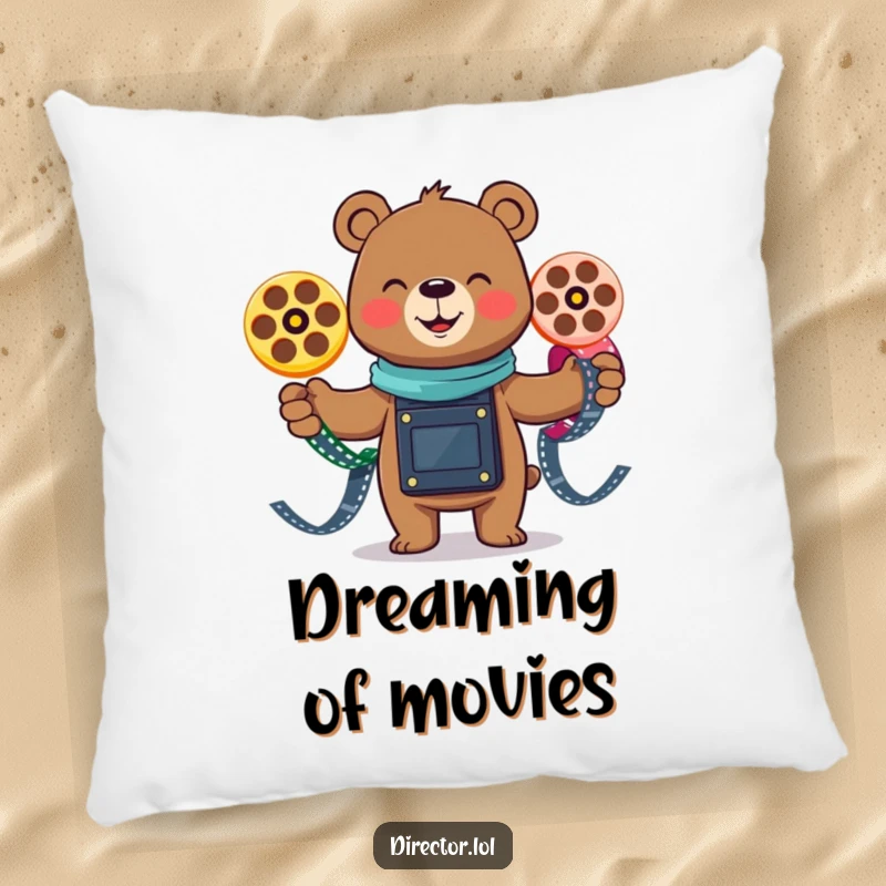 Funny smiling bear gleefully juggling three colorful film reels, a comfortable and humorous decorative pillow for entertainment spaces.