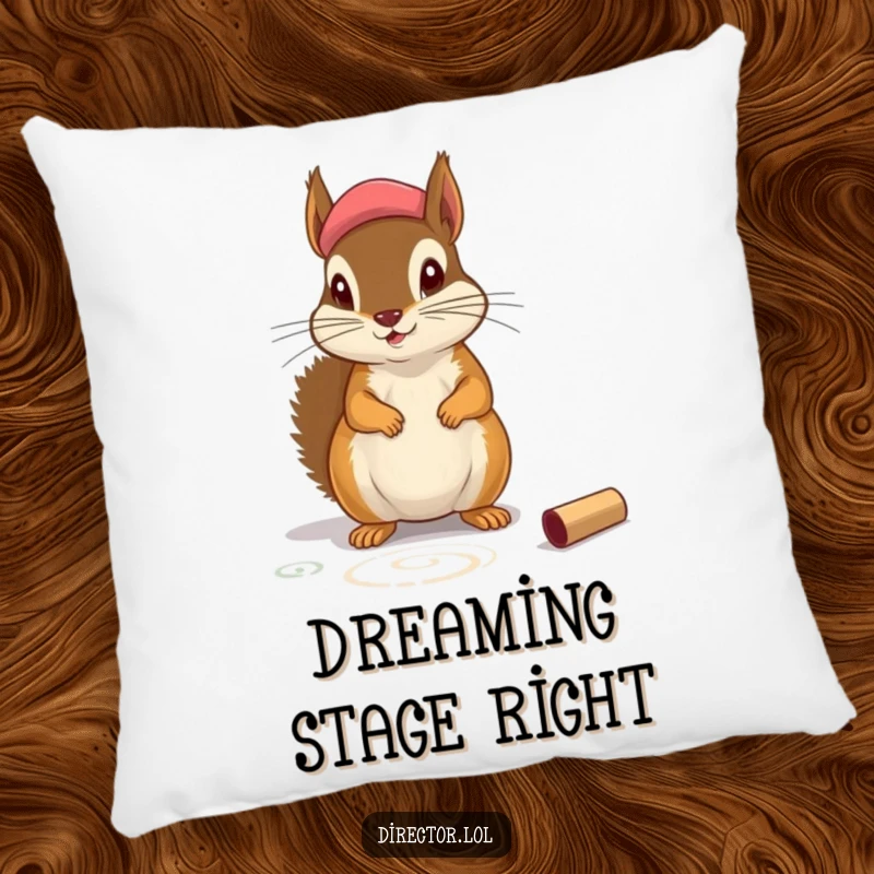 Funny Pillow: A cute squirrel in a beret, drawing stage markings on the floor, offering a touch of funny artistic flair.
