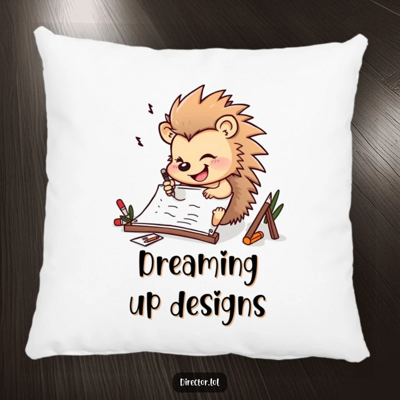 Funny determined hedgehog drawing furiously on a storyboard with a cheerful smile while resting on this soft, decorative pillow.