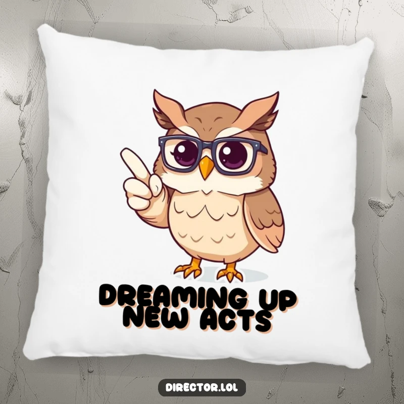 Funny Pillow: Proud owl pointing towards an imaginary stage, offering comfort and a touch of theatrical charm.
