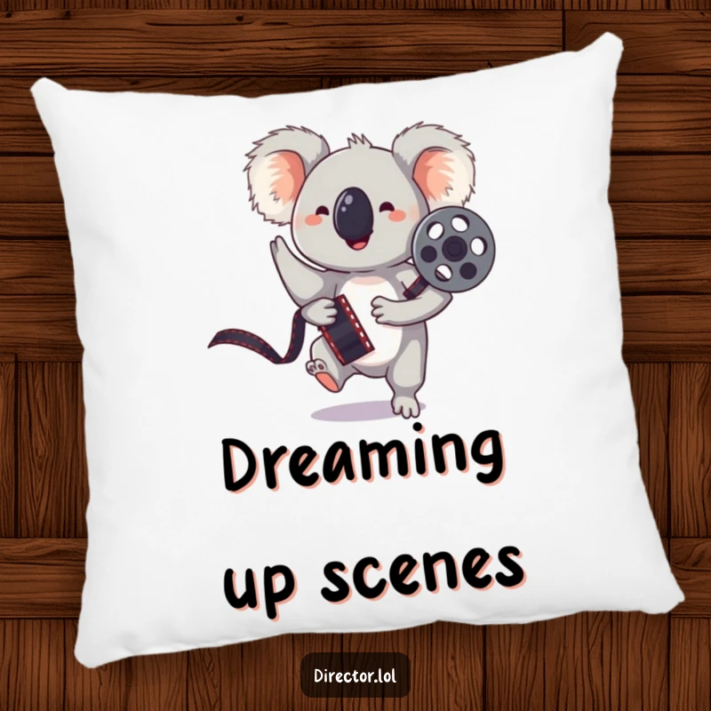 Funny pillow featuring a bouncing koala holding a film reel, striking a playful pose, perfect for couch or bed.