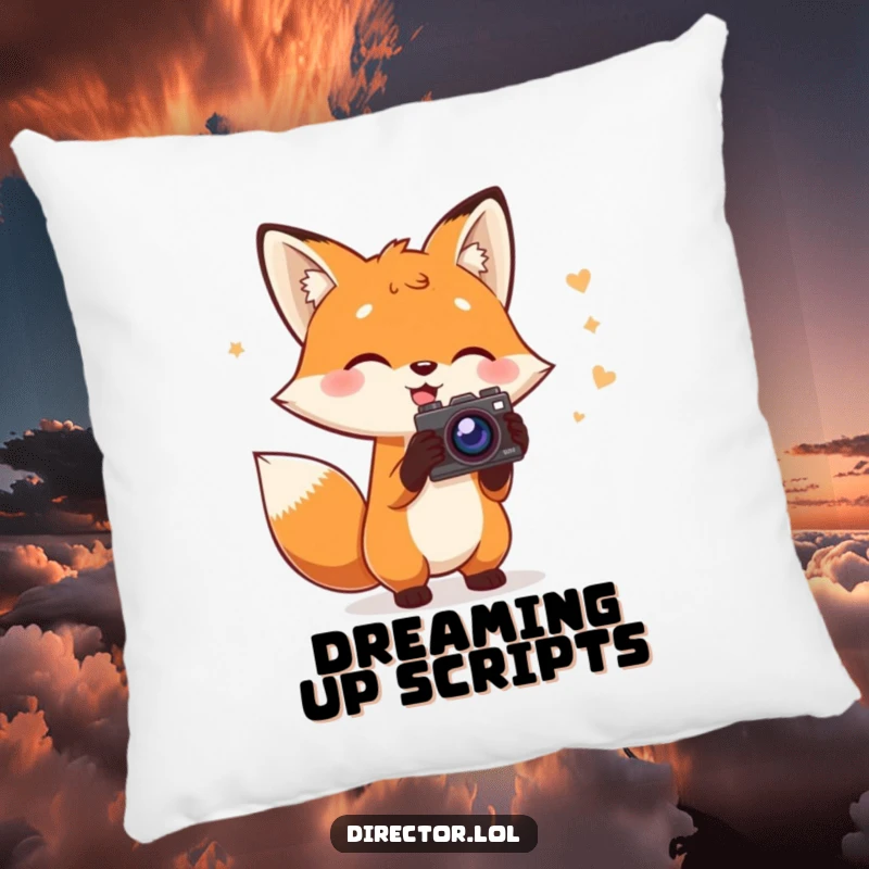 Funny Fox Director Pillow: Charming fox holding a script gestures with a prop camera, soft, comfortable, and humorous, a cute funny gift.