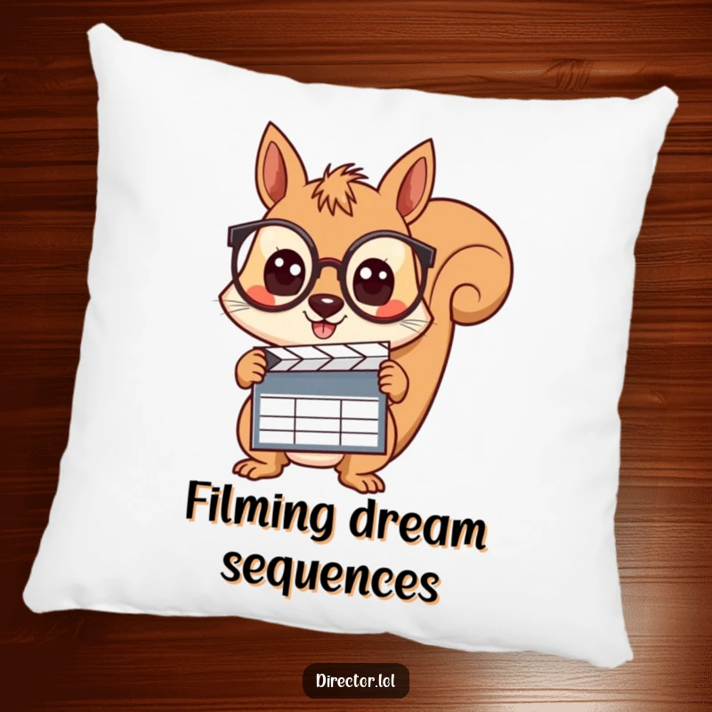 Funny squirrel with spectacles, holding a clapboard with wide, curious eyes, ready to direct scenes while resting on this pillow.