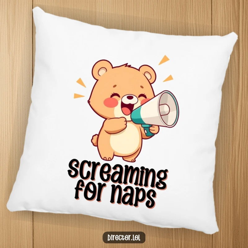 Funny pillow featuring a delighted bear cub holding a giant megaphone and shouting with glee, offering cozy comfort and loud expressions.