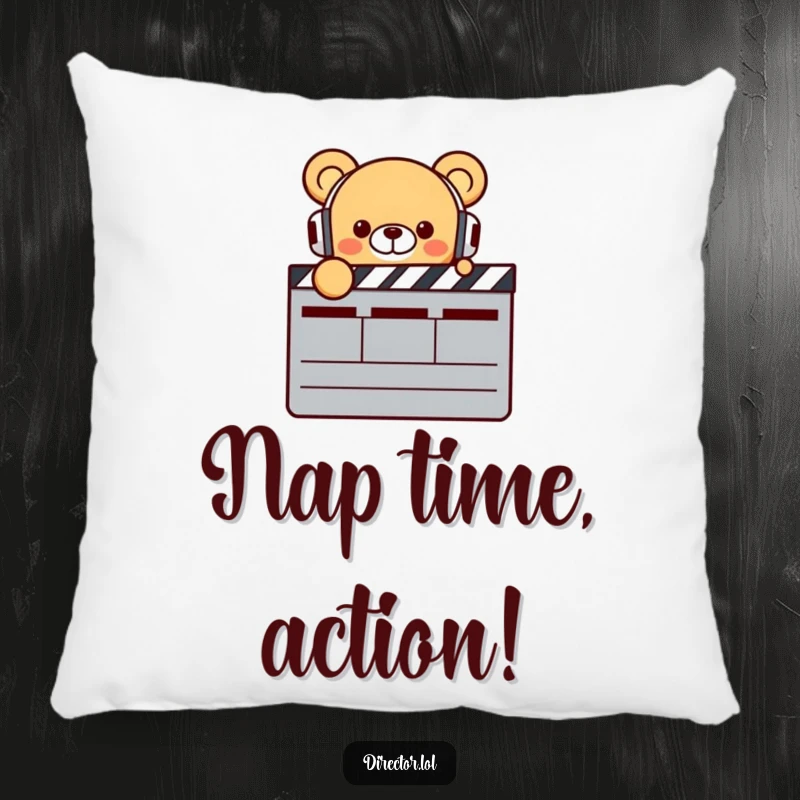 Funny Bear Director Pillow: A cute, smiling bear wearing headphones enthusiastically points at a large clapperboard, adding humor and comfort, a funny gift.