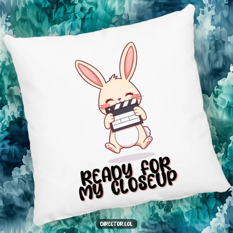 Funny pillow featuring a giggling cartoon bunny holding a clapboard and jumping with infectious joy and energy.