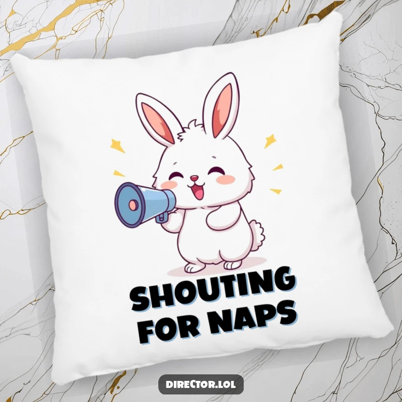 Funny Bunny Megaphone Pillow: Fluffy delighted bunny shouting commands through a megaphone, soft and humorous, a cute funny gift.