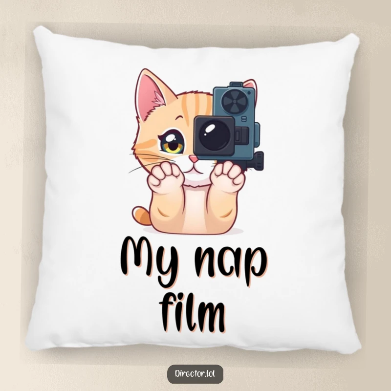 Funny Pillow featuring a curious cat pawing at a movie camera, perfect for adding a humorous and comforting touch to any room.