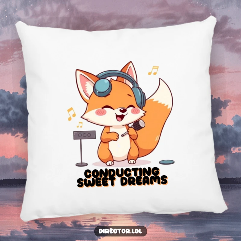 Funny giggling fox in large headphones, conducting an invisible orchestra with glee while resting on this soft, decorative pillow.