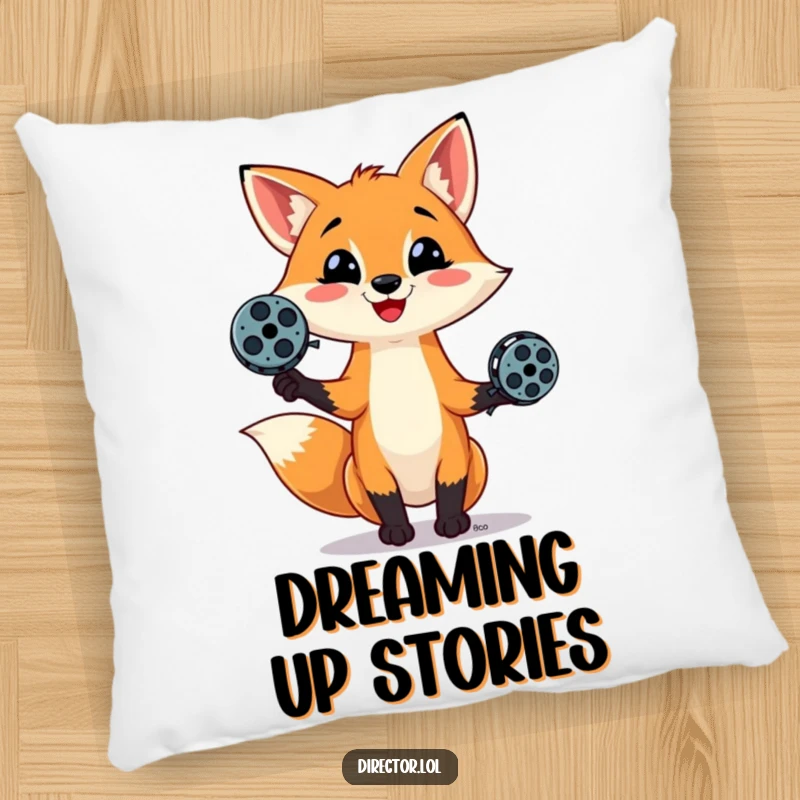 Funny pillow depicting a mischievous fox juggling miniature film reels with a playful smile, bringing cinematic whimsy to your home.