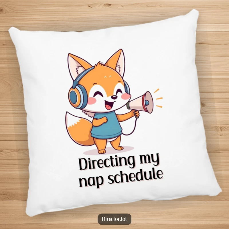 Funny pillow featuring a cartoon fox in oversized headphones directing with a tiny megaphone, bringing theatrical flair.