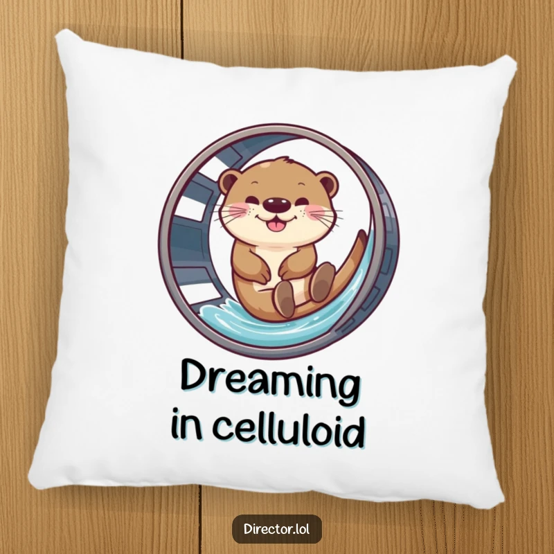 Funny pillow with a cheerful otter sliding down a classic film reel, bringing movie fun home.