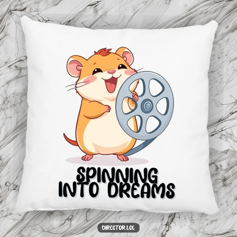 Funny Hamster Film Reel Pillow: Giggling hamster spins a large film reel with excitement, soft, comfortable, and humorous, a cute funny gift.