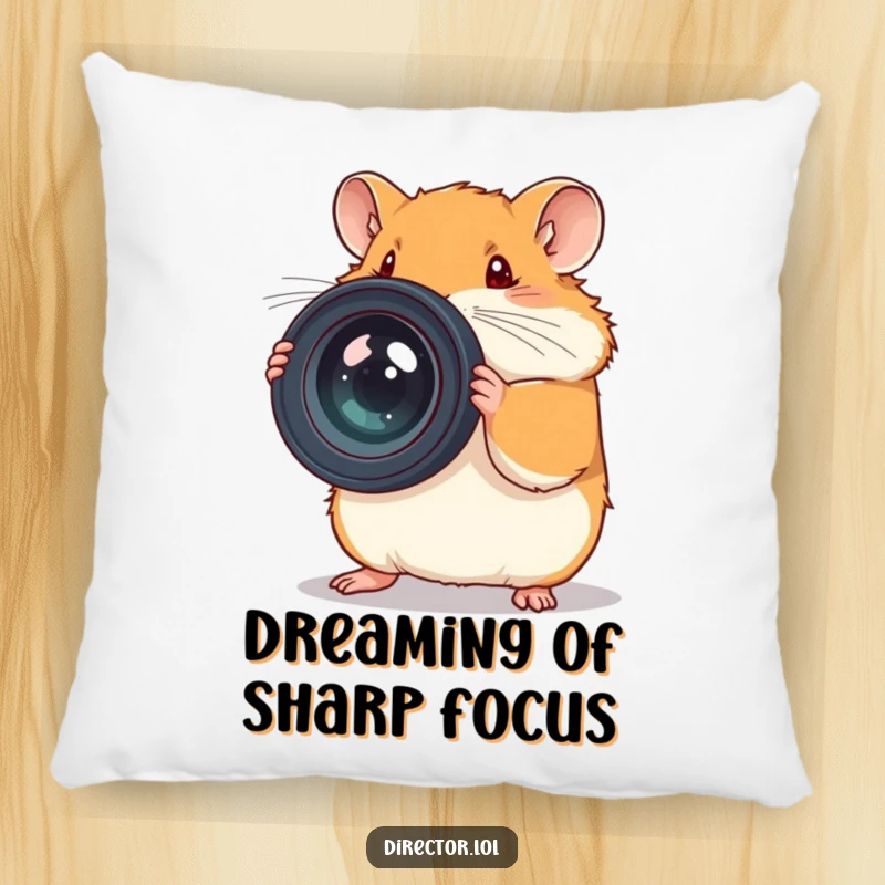 Funny pillow with a serious hamster adjusting a giant camera lens, adding humor to any room.