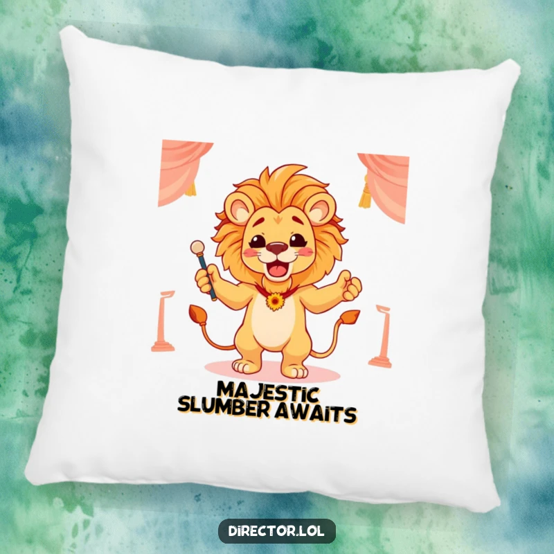 Funny pillow with a proud lion conducting a scene with flourish, providing comfort and a regal, artistic touch.