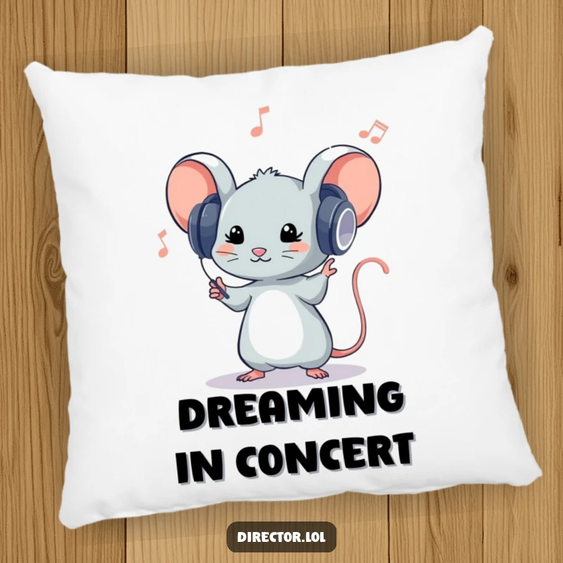 Funny pillow featuring a tiny mouse in oversized headphones passionately conducting an invisible orchestra, bringing auditory delight indoors.
