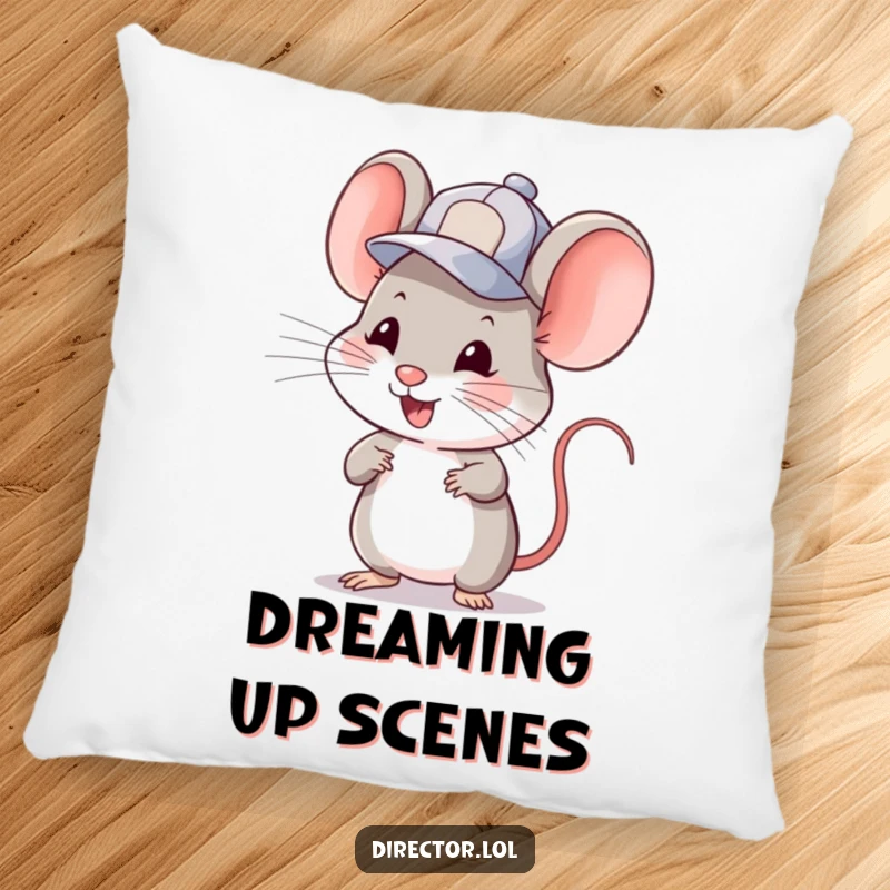 Funny mouse in a tiny cap winking and gesturing to cue a scene. A soft and humorous pillow, ideal funny gift.