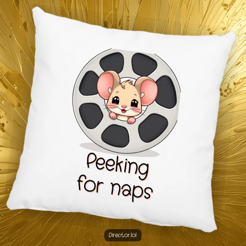 Funny mouse film reel pillow, a curious cartoon mouse peeking from behind a huge film reel, its happy expression conveying movie excitement.