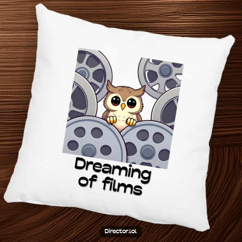 Funny Pillow featuring a happy owl peeking over large film reels, providing a cozy and humorous addition to any seating area.