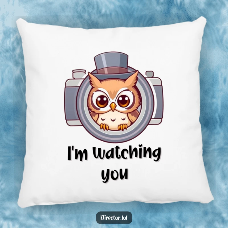 Funny owl wearing a top hat peeking through a camera lens, a comfortable and humorous decorative pillow for cozy spaces.