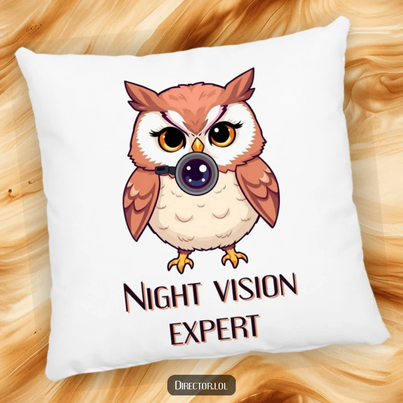 Funny pillow with a proud owl looking through a camera lens, giving a knowing wink, perfect for lounging.