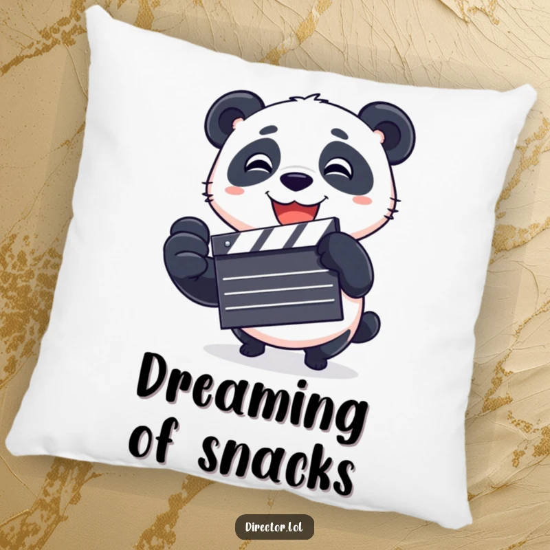Funny Pillow with a playful panda spinning a clapboard, offering a cute and humorous addition for cozying up while watching films.