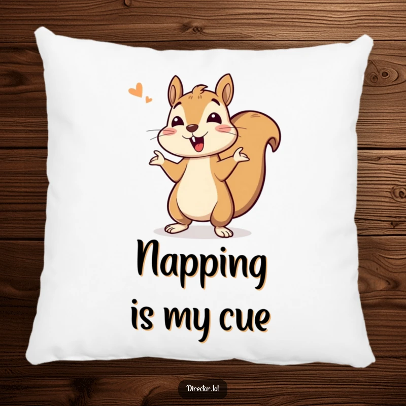 Funny pillow with a bouncing squirrel giving enthusiastic cues, providing comfort and a touch of playful energy.