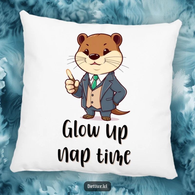 Funny otter in a stylish suit, holding a glowing pointer, gesturing. A soft, humorous pillow, ideal funny gift.