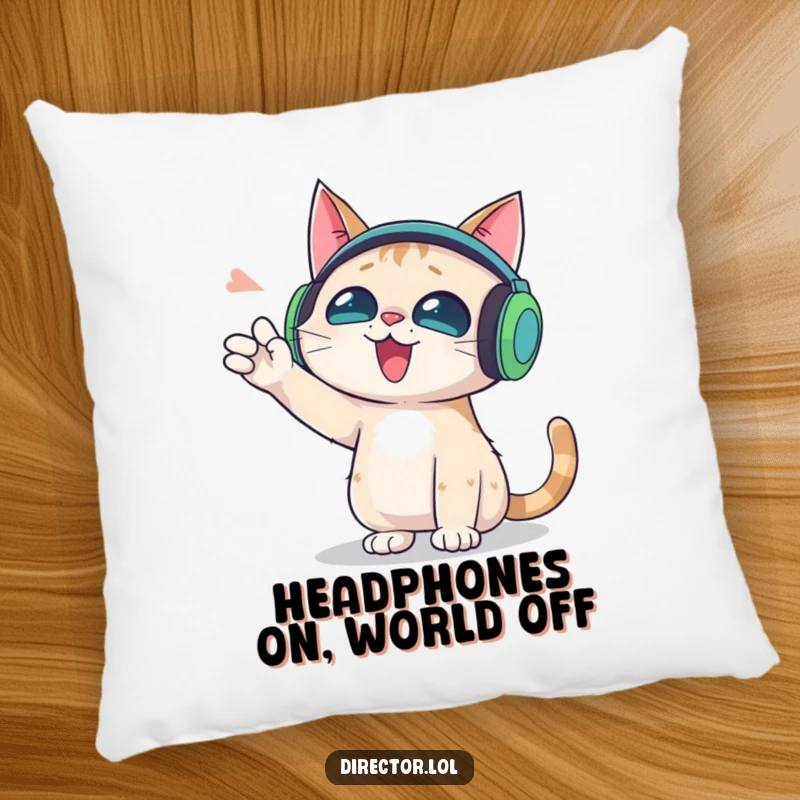 Funny pillow featuring a cat in oversized headphones gesturing wildly, for cozy and humorous music appreciation.