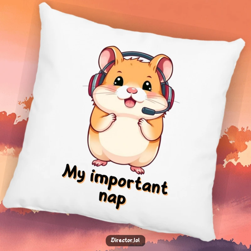 Funny pillow with a determined hamster sporting a headset, offering comfort and a humorous touch to any gaming space.